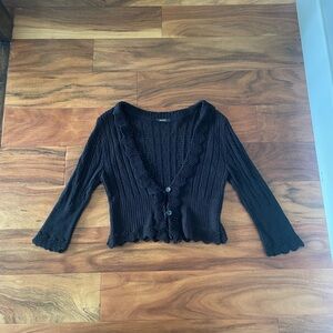 Black Cropped Knit Ruffled-Trim Cardigan Sweater